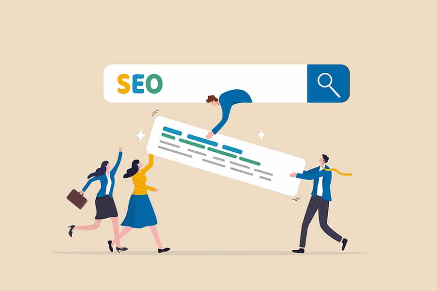 Digitally created image of search engine bar with the "SEO" written in it, and an animated figure handing a paragraph snippet to other animated figures below.